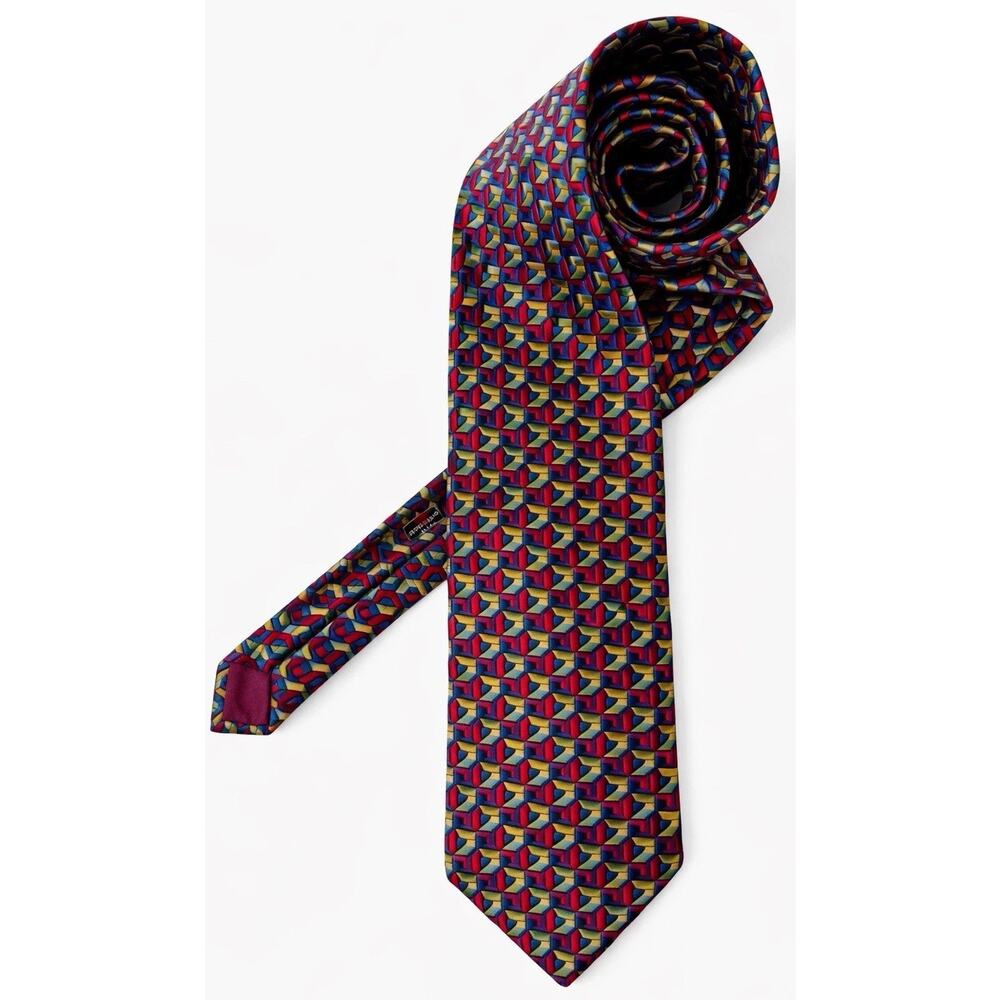 Charvet Place Vendôme Paris Silk Tie | Red Blue Gold Honeycomb 3D | 3.75" Wide
